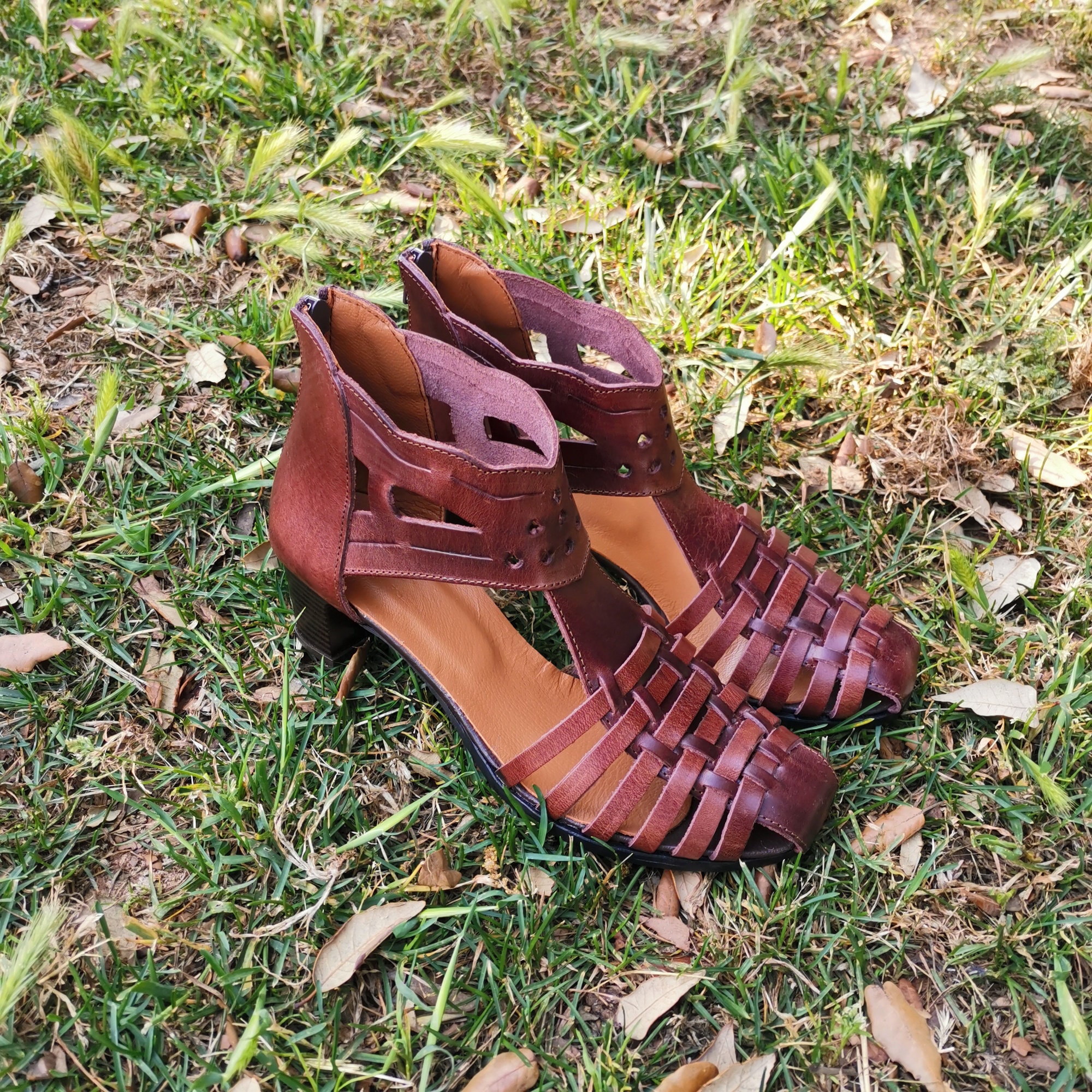 Fisherman Leather Sandals Low Heel Handmade Women Shoes With Ankle Strap Etsy