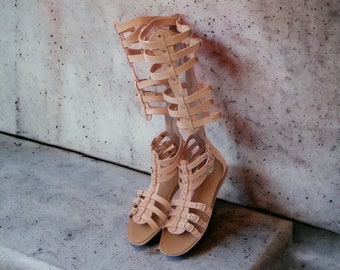 Gladiator handmade leather women sandals | Open toe summer boots with straps all over the leg.