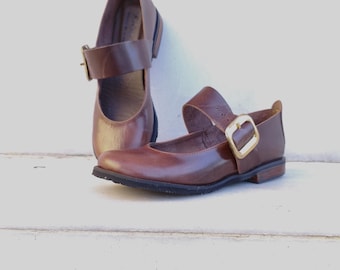 Brązowe damskie płaskie czółenka, ręcznie robione skórzane buty Mary Jane, Kokkashoes