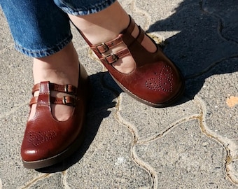 Ostatnia dostępna para, buty KOKKA, brązowe skórzane buty typu Mary Jane: ręcznie robione czółenka w stylu Oxford z dwoma paskami