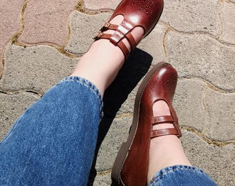 Brown Leather Mary Janes: Handmade Oxford Style Two-Strap Pumps