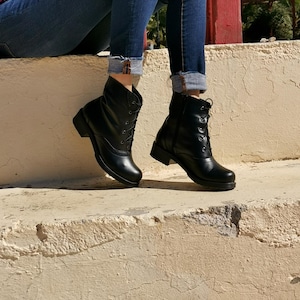 Genuine Leather Womens Lace up Short Boots| Black Flat Booties| Gift for her