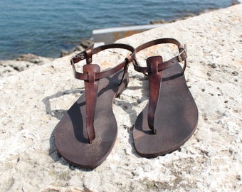 Brown T-strap sandals, Thongs women Minimalist sandals, Handmade summer shoes perfect for gift