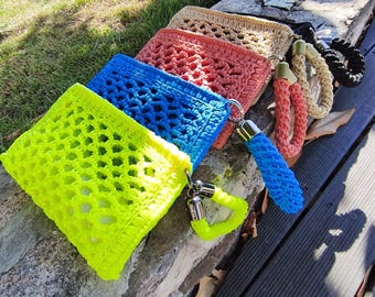 Handmade Knitted Wristlet Bag, Zipper Purse with Removable Braided Wrist Strap
