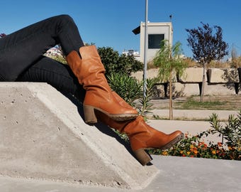 Botas minimalistas de piel para mujer / Botas marrones de elegancia hecha a mano con tacón grueso