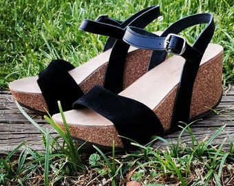 Sandalias de plataforma de corcho de cuero negro: cuñas de punta abierta hechas a mano
