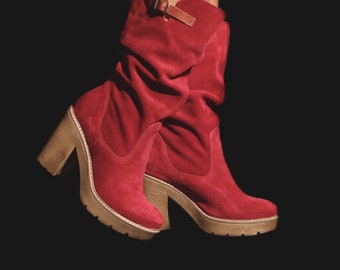 Suede Leather High Heel Boots: Chunky Platform, Handmade