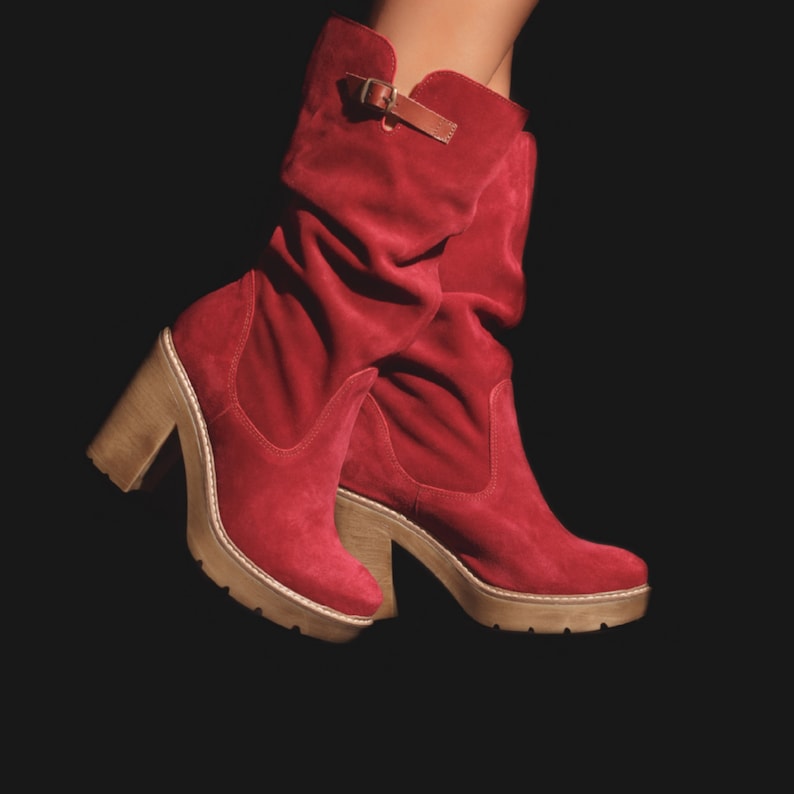 Handmade suede leather high heel women boots in red color. Christmas gift boots for women.