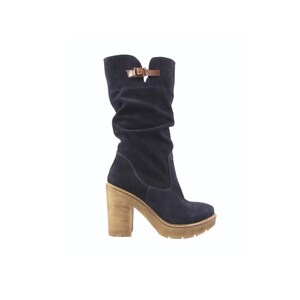 Blue suede leather high heel women boots with leather and soft insole and anti slip rubber sole.Birthday gift for her ,winter shoes.