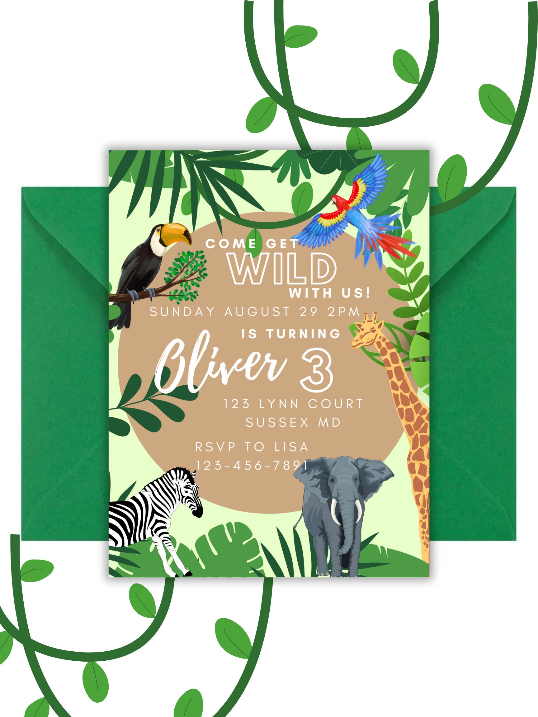 Jungle Party Invitation Template, Digital Template, Editable Template