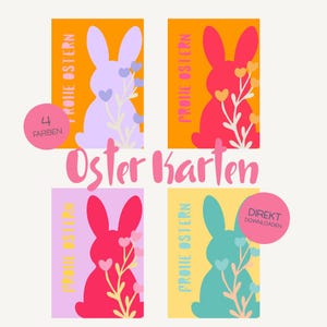 Könnte beinhalten: Vier Osterkarten mit Hasensilhouetten in Lila, Rot und Türkis, jeweils mit floralen Akzenten. Die Karten sind vor orangefarbenen, gelben und rosa Hintergründen angeordnet. Der Text "Frohe Ostern" und "Oster Karten" ist ebenfalls sichtbar.