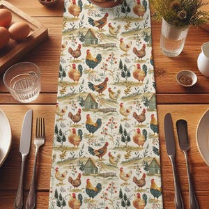 Table Runner, Chicken Farm Kitchen Decor, Farmhouse Table Linens, Rustic Rooster Runner, Cozy Home Dining, Cotton Runner Chickens Table