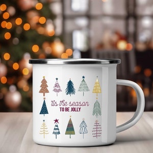 Christmas Tree Enamel Mug Holiday Camping Cup Tis the Season Campfire Drinkware Festive Metal Camp Mug Outdoor Christmas Gift Rustic