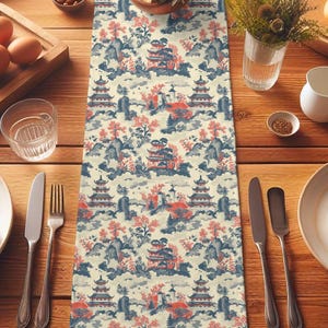Chinoiserie Table Runner Blue and White Pagoda Decor Asian-Inspired Table Linen for Grandmillennial Cottagecore Home Decor Elegant Dining