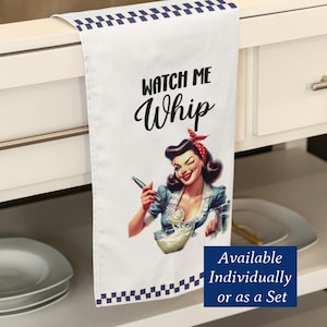 Retro Funny Kitchen Tea Towel Watch Me Whip Sassy Pin-Up Girl Dish Towel Vintage Diner Decor Funny Gift for Cooks Bakers Novelty Dish Rags