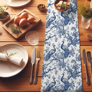 Peacock Table Runner: French Country Blue Floral Cotton Dining Decor