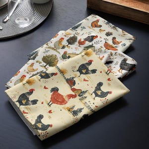 Farmhouse Rooster Cloth Napkins (Set of 4) - Rustic Chicken Print Table Linens - Coordinating Runner & Placemat Available