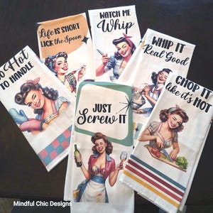 Funny Vintage Tea Towel Cheeky Host Gift Sarcastic Dish Towel Set Retro 50s Housewife for Moms Cooks Housewarming Gifts Kitchen Decor Sassy