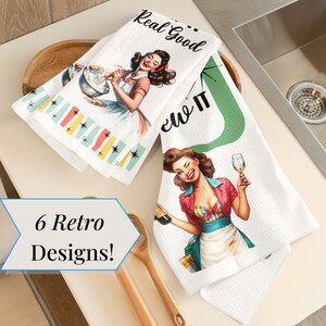 Set of 6 Funny Retro Tea Towels 1950s Pin Up Kitchen Decor Sassy Housewife Dish Towels Vintage Gift for Women Humorous Kitchen Diner Towels