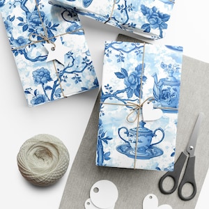 Frans blauw chinoiserie-theekransje inpakpapier Grandmillennial bloemen toile theepotten Cadeaupapier voor babyshower Verjaardag Elegante gelegenheid