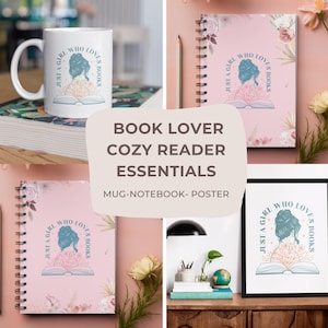 Set de taza, póster y cuaderno &quot;Just a Girl Who Loves Books&quot;: paquete de artículos esenciales para el lector, set de regalo para amantes de los libros, decoración y regalos literarios.