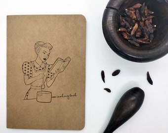 Libro de cocina, cuaderno de cocina, recetario hecho a mano, tapa marrón kraft y tapa con ilustraciones vintage