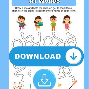 May include: An educational worksheet titled AT WORDS featuring four cartoon children at the top and a maze below. The bottom section displays a cat, a blank space, a triangle, and a baseball bat, each followed by the suffix at for spelling practice.