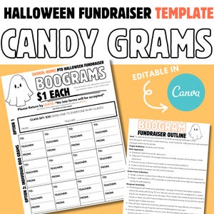 May include: A Halloween fundraiser template with the words "CANDY GRAMS" in large, bold letters. The template includes "BOOGRAMS" forms for individual and class sets, with a ghost graphic and instructions for fundraising.
