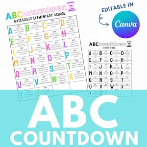 Puede incluir: Un colorido cuadro de cuenta atrás del alfabeto para la escuela primaria. Cada letra del alfabeto tiene un día correspondiente con una actividad divertida. El cuadro es editable en Canva.