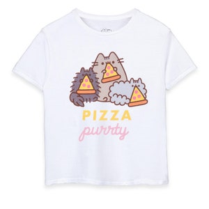 Pusheen Girls T-Shirt | Kids White Pizza Purrty Cat Graphic Tee | Crew Neck Internet Cat Top | Comfortable Cute Merchandise | Daywear Gift