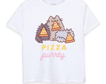 Pusheen Girls T-Shirt | Kids White Pizza Purrty Cat Graphic Tee | Crew Neck Internet Cat Top | Comfortable Cute Merchandise | Daywear Gift