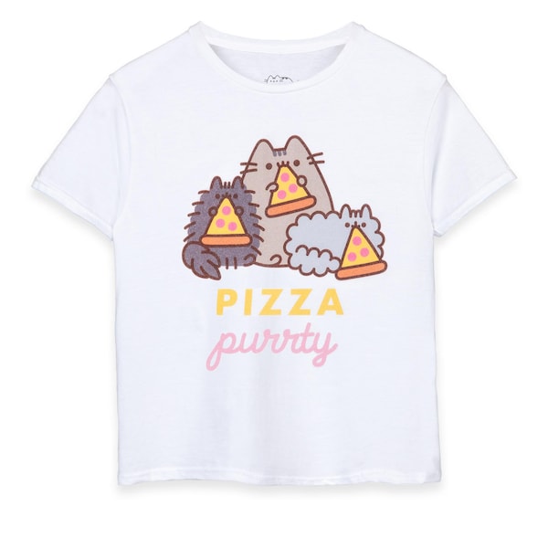 -shirt Pusheen fille | T-shirt blanc Pizza Purrty Cat pour enfant | Top ras du cou pour chat Internet | Jolie marchandise confortable | Cadeau de jour