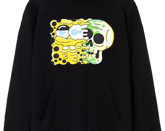 SpongeBob SquarePants Mens Hoodie | Adults Skull Graphic Hoodie in Black | Nostalgic 90s Art Pullover Hoody | Merchandise Gift for Him