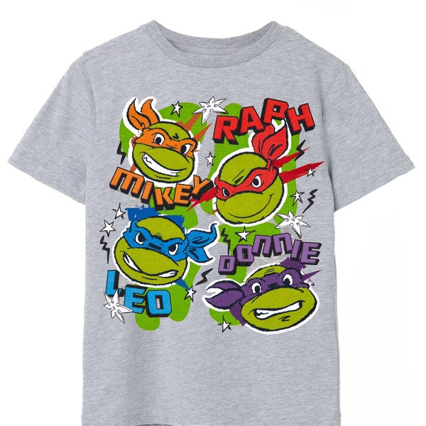 Teenage Mutant Ninja Turtles Kids T-Shirt | Grey TMNT Graphic Tee | Apparel | Raphael, Mikey, Leo & Donatello Retro Tshirt | Movie Gift