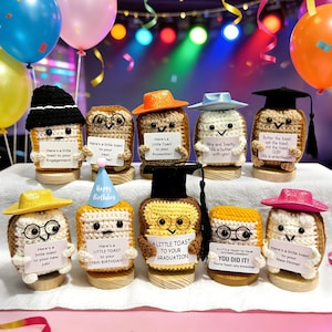 Könnte beinhalten: Eine Sammlung von gehäkelten Toast-Figuren, jede mit einem einzigartigen Hut und einem Schild mit Glückwunschbotschaften. Die Figuren sind in verschiedenen Farben gehalten und werden mit Luftballons und festlichen Dekorationen präsentiert.