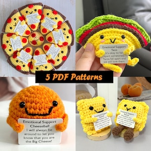 Patrón de crochet en PDF para pizza, taco, bola de queso y ravioles de apoyo emocional, hecho a mano, regalo de comida de juguete DIY (incluye 5 patrones de producto)