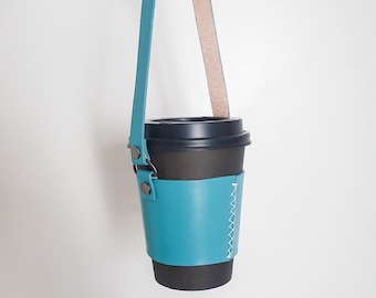 Étui pour tasse à café en cuir bleu sarcelle