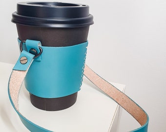 Étui pour tasse à café en cuir bleu sarcelle