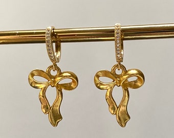 18k Gold Earrings • Cubic Zirconia Hoops • 18k Gold Bow Earrings • Real Gold Plated • Non Tarnish • 18k Gold Earring Hoops