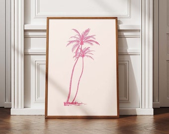 Pink Palm Tree Print, Vintage Tropical Wall Art, Coastal Wall Decor, Retro Travel Poster, Beach Art, Printable Wall Art, Digital Download