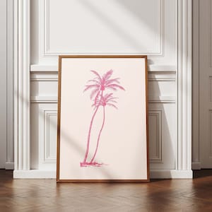 Pink Palm Tree Print, Vintage Tropical Wall Art, Coastal Wall Decor, Retro Travel Poster, Beach Art, Printable Wall Art, Digital Download