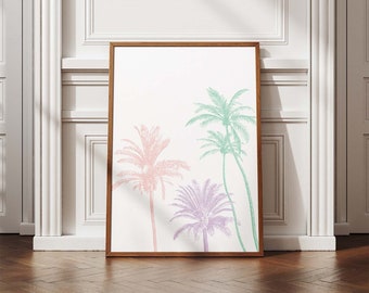 Palmbomen afdrukken kleurrijke pastel, vintage tropische muurkunst, kustdecor, retro reisposter, strand afdrukbare muurkunst, digitale download