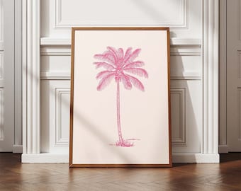 Pink Palm Tree Print, Vintage Tropical Wall Art, Coastal Wall Decor, Retro Travel Poster, Beach Art, Printable Wall Art, Digital Download