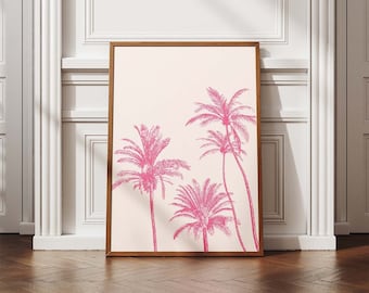 Pink Palm Trees Print, Vintage Tropical Wall Art, Coastal Wall Decor, Retro Travel Poster, Beach Art, Printable Wall Art, Digital Download
