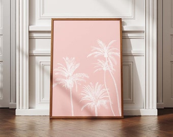 Palm Tree Print Pastel Pink, Vintage Tropical Wall Art, Coastal Wall Decor, Retro Travel Poster, Beach Art, Printable Art, Digital Download