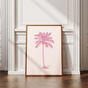 Pink Palm Tree Print, Vintage Tropical Wall Art, Coastal Wall Decor, Retro Travel Poster, Beach Art, Printable Wall Art, Digital Download