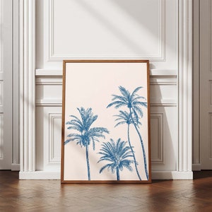 Niebieskie palmy wydruk, sztuka ścienna w stylu vintage, dekoracja ścienna w stylu nadmorskim, plakat retro z podróży, sztuka plażowa, sztuka ścienna do druku, pobieranie cyfrowe