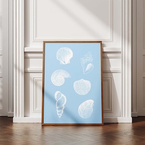 Seashell Print Pastel Blue, Vintage Tropical Wall Art, Coastal Decor, Retro Travel Poster, Beach Art, Printable Wall Art, Digital Download