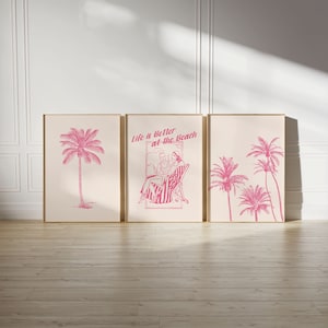 Set of 3 Retro Beach Palm Tree Prints Pink, Vintage Tropical Wall Art, Coastal Wall Decor, Travel Poster, Printable Art, Digital Download