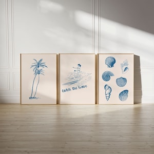 Blue Retro Palm Tree Surfing Seashells Prints Set of 3, Vintage Tropical Wall Art, Coastal Beach Decor, Printable Art, Digital Download